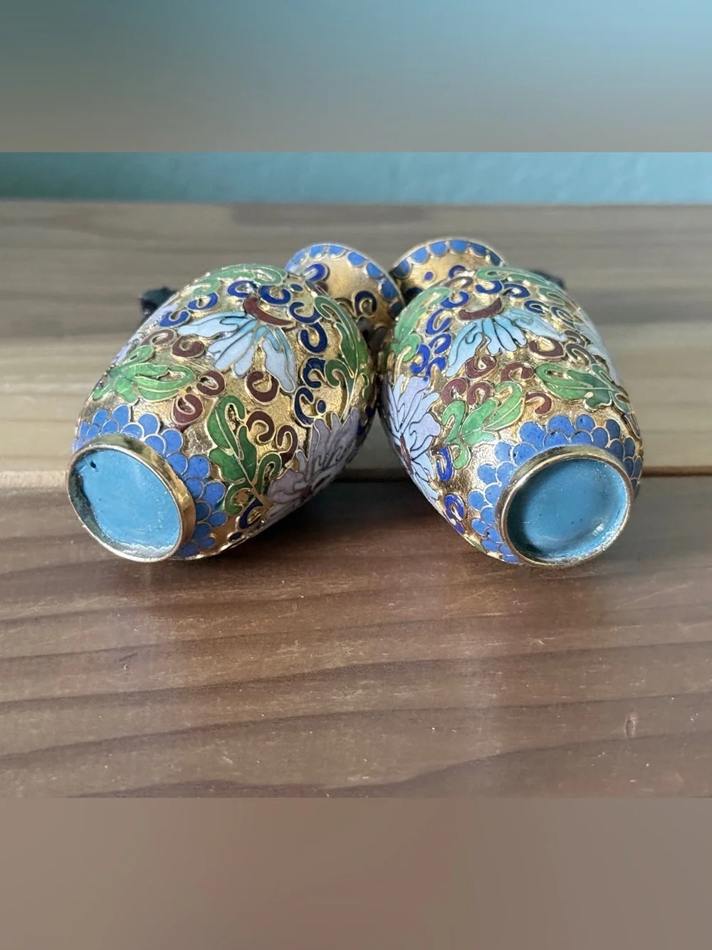 Vintage Chinese Cloisonne Lotus Vases 3” Pair w/ Wood Stands & Original Box